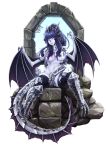  1girl armor barbariank black_legwear blue_hair blue_skin breasts broken_window claws covering covering_crotch dragon_girl dragon_tail dragon_wings dungeons_and_dragons full_body gauntlets gradient_hair greaves grey_eyes hair_over_breasts head_fins head_tilt highres horns long_hair looking_at_viewer medium_breasts monster_girl multicolored_hair navel nude original parted_lips pauldrons paws personification purple_hair rock scales sitting slit_pupils solo stained_glass tail thigh-highs torn_clothes torn_thighhighs transparent_background two-tone_hair wings 