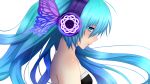  1girl blue_eyes blue_hair daburu from_side hair_between_eyes hatsune_miku headphones highres long_hair looking_at_viewer magnet_(vocaloid) portrait simple_background solo strapless vocaloid white_background 