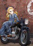  1girl abazu-red assam blonde_hair blue_eyes boots brown_boots brown_gloves dress_shirt emblem girls_und_panzer gloves ground_vehicle hair_ribbon jumpsuit light_smile long_hair long_sleeves looking_to_the_side motor_vehicle motorcycle necktie ribbon shirt shoes sitting solo st._gloriana&#039;s_(emblem) striped velocette_mac350 vertical_stripes white_shirt 