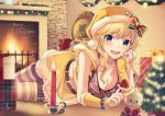  1girl arm_support bekkourico blonde_hair blue_eyes blurry blush breasts candle cleavage crop_top depth_of_field fireplace gift hat idolmaster idolmaster_cinderella_girls long_hair looking_at_viewer merry_christmas midriff navel ootsuki_yui open_mouth santa_claus santa_hat smile solo 