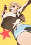  1girl ass blonde_hair breasts brown_eyes brown_hair denim denim_shorts energy_gun huge_breasts looking_at_viewer looking_down narusawa_ryouka nuezou occultic;nine outstretched_arms ray_gun short_hair short_shorts shorts simple_background smile solo star thick_thighs thighs weapon 