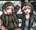  1boy 1girl backpack bag dangan_ronpa flipped_hair hair_ornament hood hoodie naegi_makoto nanami_chiaki pink_eyes short_hair smile super_dangan_ronpa_2 tezurumozuru 