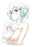  1girl alternate_hairstyle aqua_eyes arm_support breasts cleavage collarbone eyebrows eyebrows_visible_through_hair green_hair hair_between_eyes hair_ornament hairclip kantai_collection large_breasts looking_at_viewer messy_hair object_on_breast simple_background solo suzuya_(kantai_collection) takayaki tied_hair towel wet white_background 