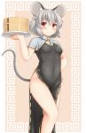  1girl adapted_costume animal_ears bare_legs blush breasts capelet china_dress chinese_clothes covered_navel dress grey_hair highres jewelry legs looking_at_viewer mouse_ears mouse_tail nazrin necklace no_panties pelvic_curtain red_eyes short_hair sleeveless small_breasts solo tail touhou yuu_(yu0221f) 