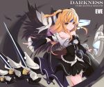  1girl black_dress black_feathers black_ribbon black_wings blonde_hair code:_battle_seraph_(elsword) collar detached_sleeves dress elsword eve_(elsword) faefaea feathered_wings hair_ribbon highres ribbon solo two_side_up wings 