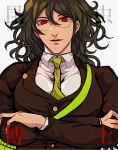  1boy black_hair crossed_arms dangan_ronpa glasses gokuhara_gonta green_necktie hisida insect_cage long_hair looking_at_viewer male_focus messy_hair muscle necktie new_dangan_ronpa_v3 red_eyes school_uniform smile solo upper_body 