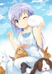  1girl animal_ears blue_eyes blue_hair cheek-to-cheek clouds dress gochuumon_wa_usagi_desu_ka? hair_ornament hairclip kafuu_chino long_hair one_eye_closed outdoors rabbit rabbit_ears samnedar sitting sky sleeveless sleeveless_dress smile sundress tippy_(gochuumon_wa_usagi_desuka?) white_dress 