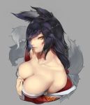  1girl ahri animal_ears black_hair breasts cleavage fox_ears fox_tail grey_background highres kumiko_shiba league_of_legends lips long_hair looking_at_viewer medium_breasts multiple_tails parted_lips simple_background solo tail yellow_eyes 