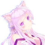  1girl animal_ears breasts cat_ears cleavage fang_out futoshi_ame highres long_hair looking_at_viewer medium_breasts original pink_hair portrait simple_background solo violet_eyes white_background 