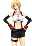  1girl aya_brea blonde_hair blue_eyes breasts cafe_au_lait_(kafeore) cowboy_shot crop_top elbow_gloves elbow_pads final_fantasy final_fantasy_vii fingerless_gloves gloves hands_on_hips head_tilt highres looking_at_viewer midriff miniskirt navel parasite_eve parted_lips short_hair simple_background skirt solo suspender_skirt suspenders tank_top thigh_strap tifa_lockhart tifa_lockhart_(cosplay) 