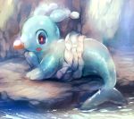  brionne highres manino_(mofuritaionaka) no_humans open_mouth pokemon pokemon_(creature) pokemon_(game) pokemon_sm red_eyes rock solo sparkle water 