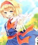  1girl alice_margatroid ascot blonde_hair blue_dress blue_eyes blush capelet chita_(ketchup) dress dutch_angle frilled_dress frills hairband highres lolita_hairband looking_at_viewer open_mouth outstretched_arm sash short_hair signature smile solo touhou upper_body 