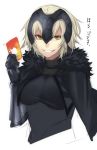  1girl black_shirt breasts capelet card cropped_torso fate/grand_order fate_(series) fur_trim grin headpiece highres holding holding_card jeanne_alter large_breasts looking_at_viewer onineko-chan ruler_(fate/apocrypha) shirt short_hair smile solo translation_request upper_body white_hair yellow_eyes 