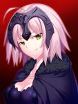  1girl ahoge blonde_hair breasts cleavage fate/apocrypha fate/grand_order fate_(series) fur-trimmed_cape highres jeanne_alter red_background ruler_(fate/apocrypha) short_hair skylader smirk solo yellow_eyes 