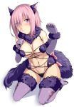  1girl animal_ears blush breasts elbow_gloves fate/grand_order fate_(series) gloves hirame_sa looking_at_viewer navel pink_eyes pink_hair purple_gloves purple_legwear shielder_(fate/grand_order) short_hair simple_background sitting solo thigh-highs wariza white_background 