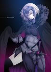  1girl armor black_legwear blonde_hair cape chain character_name fate/grand_order fate_(series) fur-trimmed_cape headpiece jeanne_alter otori666 ruler_(fate/apocrypha) short_hair solo sword thigh-highs thighs weapon yellow_eyes 