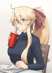  1girl alternate_costume alternate_hairstyle blonde_hair blue_eyes blue_sweater breasts casual drinking drinking_straw from_side hair_ribbon hamu_koutarou highres iowa_(kantai_collection) kantai_collection large_breasts long_hair looking_at_viewer open_magazine ponytail ribbed_sweater ribbon sidelocks striped striped_ribbon sweater symbol-shaped_pupils upper_body very_long_hair 