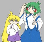  &gt;:) 2girls 3: adjusting_hair alternate_hair_length alternate_hairstyle antenna_hair armpits blonde_hair breasts eyebrows frown green_eyes green_hair hair_tubes hairstyle_switch kochiya_sanae large_breasts long_hair long_skirt looking_at_viewer lowres moriya_suwako multiple_girls nazotyu no_nose short_hair sidelocks skirt sleeves_past_wrists smug sweat thick_eyebrows touhou very_long_hair yellow_eyes 