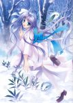  1girl absurdres blue_eyes blue_hair bow highres long_hair looking_at_viewer open_mouth scan snow snow_bunny tree yamamoto_kazue 