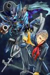  1boy brown_eyes captain_kidd_(persona) chain eyepatch gloves highres kneeling lead_pipe looking_at_viewer male_focus open_mouth persona persona_5 pointing pointing_at_viewer sakamoto_ryuuji ship skeleton skull skull_and_crossbones solo toppuru watercraft yellow_gloves 