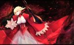  1girl blush breasts cleavage dress fate/extra fate_(series) green_eyes highres holding holding_sword holding_weapon looking_at_viewer marumoru saber_extra solo sword weapon 