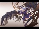  1girl black_wings blue_hair cage dress feathered_wings hua_shi_mang jewelry necklace original red_eyes sketch wings 