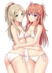  2girls :o absurdres ass bare_arms bare_shoulders beads bikini blonde_hair blue_eyes blush breast_press breasts cleavage closed_mouth cowboy_shot green_eyes hair_beads hair_between_eyes hair_ornament hair_over_shoulder hair_ribbon high_ponytail highres hug long_hair looking_at_viewer medium_breasts multiple_girls n.g. original pink_ribbon redhead ribbon side-tie_bikini simple_background smile standing stomach swimsuit symmetrical_docking twintails white_background white_bikini yuri 