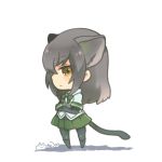  &gt;:| 1girl :| animal_ears black_hair blue_shirt bodystocking brown_eyes chibi closed_mouth collar collared_shirt crossed_arms eyebrows_visible_through_hair from_side full_body green_ribbon green_skirt jaguarundi_(kemono_friends) kemono_friends long_hair looking_at_viewer lowres maora_oto neck_ribbon pleated_skirt profile ribbon shadow shirt short_sleeves sidelocks signature simple_background skirt solo standing tail tsurime white_background 