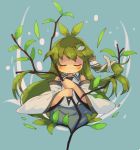  1girl antenna_hair black_necktie blue_background blue_skirt branch closed_eyes commentary_request cropped_legs detached_sleeves eyebrows eyebrows_visible_through_hair frog_hair_ornament green_hair hair_ornament hair_tubes holding_branch ini_(inunabe00) kochiya_sanae leaf long_hair necktie shirt skirt snake_hair_ornament solo touhou white_shirt wide_sleeves wing_collar 