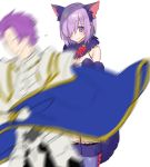  1boy 1girl animal_ears armor blurry blush cape chokoan_(tyokoa4649) covering fate/grand_order fate_(series) father_and_daughter hair_over_one_eye lancelot_(fate/grand_order) purple_hair shielder_(fate/grand_order) short_hair sweat tail thigh-highs violet_eyes wolf_ears wolf_tail 
