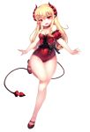  1girl absurdres bare_shoulders blonde_hair breasts covered_navel fang highres horns legs leotard long_hair mary_janes open_mouth original outstretched_arms papo pointy_ears red_eyes shoes small_breasts smile solo standing standing_on_one_leg tail 