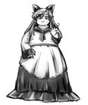  1girl :d animal_ears brooch double_chin dress fat greyscale highres imaizumi_kagerou jewelry long_dress long_hair long_sleeves looking_at_viewer monochrome nazotyu open_mouth sketch smile solo sweat touhou very_long_hair wolf_ears 
