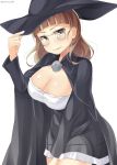  1girl adjusting_clothes adjusting_hat alternate_costume black_dress blush breasts brown_eyes brown_hair cape cleavage dress glasses hat kankitsunabe_(citrus) kantai_collection long_sleeves roma_(kantai_collection) short_hair solo twitter_username wavy_hair white_background witch_hat 