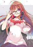  1girl adjusting_glasses ahoge breasts commentary_request eyebrows eyebrows_visible_through_hair fur_trim glasses headphones jacket light_brown_hair long_hair looking_at_viewer medium_breasts off_shoulder one_eye_closed orange_hair out_of_frame p19 persona persona_5 sakura_futaba shorts solo_focus thigh-highs violet_eyes 