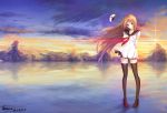  absurdres aiguillette arms_behind_back artist_name artist_request black_legwear choker hat high_heels highres holding_arm long_hair looking_at_viewer red_ribbon red_shoes ribbon saratoga_(zhan_jian_shao_nyu) school_uniform shoes smile standing standing_on_liquid sunset thigh-highs water wind wind_lift zhan_jian_shao_nyu 
