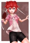  1girl bone_hair_ornament dara_ke dog_print hair_ribbon open_mouth paddle red_eyes redhead ribbon shakunetsu_no_takkyuu_musume short_twintails shorts smile solo sweat sweat_stain table_tennis_paddle tsumujikaze_koyori twintails 