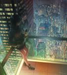  black_hair building cityscape from_above hand_in_pocket hood hoodie phone reflection skyscraper tokunaga_akimasa 