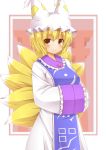  1girl blonde_hair blush closed_mouth cowboy_shot dress fox_tail frilled_sleeves frills hands_in_sleeves hat kyuubi long_sleeves looking_at_viewer multiple_tails pillow_hat short_hair smile solo tabard tail tassel touhou white_dress wide_sleeves yakumo_ran yellow_eyes yuu_(yu0221f) 