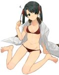  1girl barefoot bikini black_hair brown_eyes hair_ribbon highres hita_(hitapita) jacket_on_shoulders kantai_collection long_hair looking_to_the_side lowleg lowleg_bikini mikuma_(kantai_collection) military military_uniform naval_uniform red_bikini ribbon side-tie_bikini sitting squiggle swimsuit twintails uniform wariza 