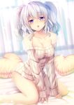  1girl alternate_costume bare_shoulders blue_eyes blush breasts cleavage izumi_akane kantai_collection kashima_(kantai_collection) kneeling long_hair looking_at_viewer on_bed open_mouth ribbed_sweater silver_hair solo sweater wavy_hair 