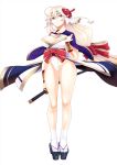  1girl absurdres blonde_hair bow breasts cleavage hair_bow highres katana legs long_hair medium_breasts oshiro_project platform_footwear simple_background smile solo sword thick_thighs thighs very_long_hair violet_eyes weapon white_background zenisu 
