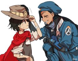  1boy 1girl ana_(overwatch) beret black_hair cowboy_hat dark_skin hat ieru1826 mccree_(overwatch) overwatch smile younger 