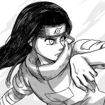  1boy bandaged_arm fighting_stance forehead_protector headband hyuuga_neji konohagakure_symbol long_hair male_focus monochrome naruto shiori_lee_jeng solo upper_body 