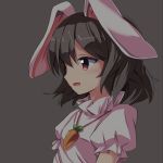  1girl :d animal_ears brown_hair carrot_necklace commentary dark dress floppy_ears inaba_tewi open_mouth rabbit_ears red_eyes ryogo short_hair smile solo touhou 