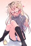  1girl bespectacled black_legwear black_ribbon blonde_hair blush clenched_hands closed_eyes cushion glasses gradient gradient_background gradient_hair hair_between_eyes hair_flaps hair_ribbon k10k kantai_collection light_particles long_hair miniskirt multicolored_hair panties pleated_skirt redhead remodel_(kantai_collection) ribbon scarf school_uniform semi-rimless_glasses sitting skirt sleeves_past_wrists smile socks striped striped_panties sweater the_yuudachi-like_creature thighs underwear white_scarf yuudachi_(kantai_collection) 