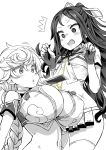 2girls asanagi blush bouncing braid breasts cellphone cleavage commentary_request covered_nipples fang fingerless_gloves gloves kantai_collection katsuragi_(kantai_collection) large_breasts long_hair midriff monochrome multiple_girls open_mouth phone simple_background smartphone sweatdrop thigh-highs unryuu_(kantai_collection) white_background