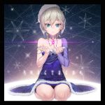 1girl anastasia_(idolmaster) blue_dress blue_eyes breasts character_name cleavage dress hat highres idolmaster idolmaster_cinderella_girls jewelry madyy necklace parted_lips russian short_hair silver_hair sitting smile solo star wariza 