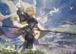  1girl animal armor army bangs bird black_ribbon blonde_hair blue_eyes blue_sky braid breastplate breasts chains clouds cloudy_sky day dove dress fate/grand_order fate_(series) faulds feathers flag floating_hair flower fringe gauntlets hair_ribbon headpiece holding holding_sword holding_weapon lily_(flower) lips long_hair looking_at_viewer medium_breasts outdoors outstretched_arms parted_lips polearm purple_dress purple_legwear qmo_(chalsoma) ribbon ruler_(fate/apocrypha) scabbard sheath single_braid sketch sky solo_focus spread_arms standing sword thigh-highs unsheathed very_long_hair weapon wind 