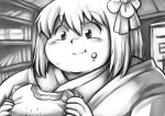  1girl bangs blush book bookshelf close-up door double_chin eating fat flower food food_on_face hair_between_eyes hair_flower hair_ornament hamburger hieda_no_akyuu indoors japanese_clothes kimono library looking_down nazotyu obese short_hair sketch smile solo sweat touhou upper_body 