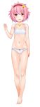  1girl bare_legs bare_shoulders barefoot blush bow bow_panties bra commentary_request fang hairband heart highres komeiji_satori looking_at_viewer navel okina_ika open_mouth panties pink_eyes pink_hair short_hair solo standing sweat touhou underwear underwear_only white_bra white_panties 